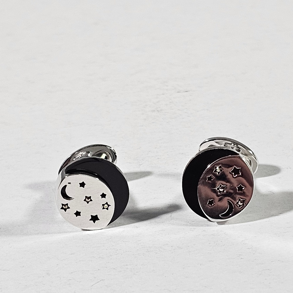 Jan Leslie Cufflinks Mens OS Silver Black Moon Stars Sterling Silver 925 Enamel